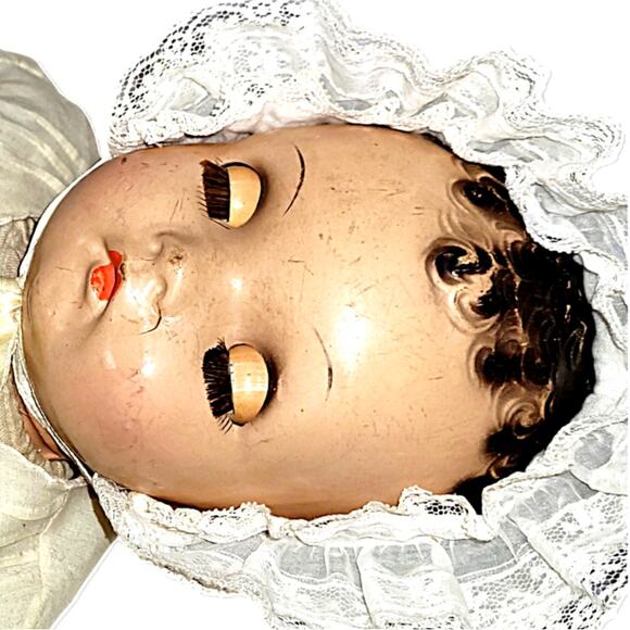 22" 30s or40s VNTG Blue Metal Sleep Eyes, Curly Molded Hair Faint Cry Baby Doll - Picture 5 of 16
